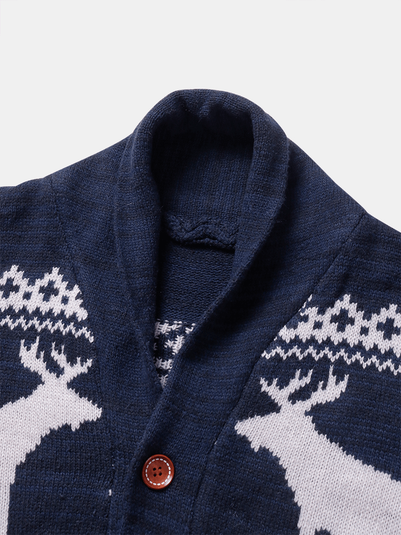 Mens Christmas Reindeer Button Thick Warm Casual Knitted Cardigan Sweater - MRSLM