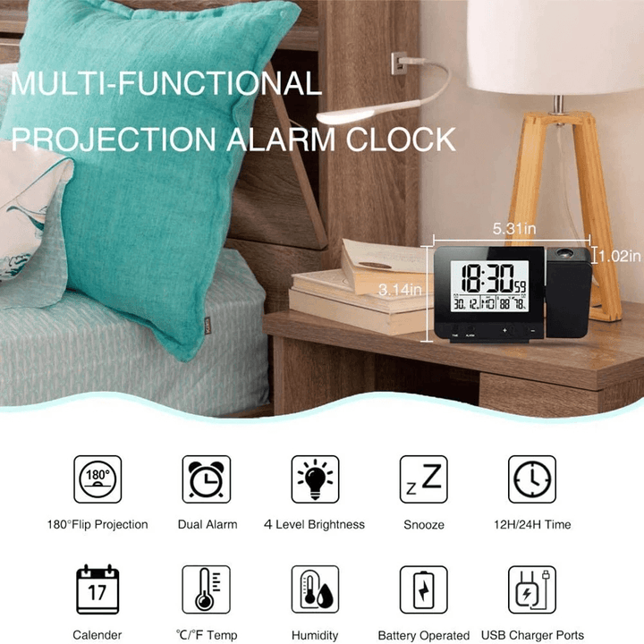 Projection Alarm Clock for Bedroom with Thermometer Hygrometer Digital Project Ceiling Clock Dimmable LED Display with USB Charger 180°Rotable with Dual Alarms 12/24H Snooze - MRSLM