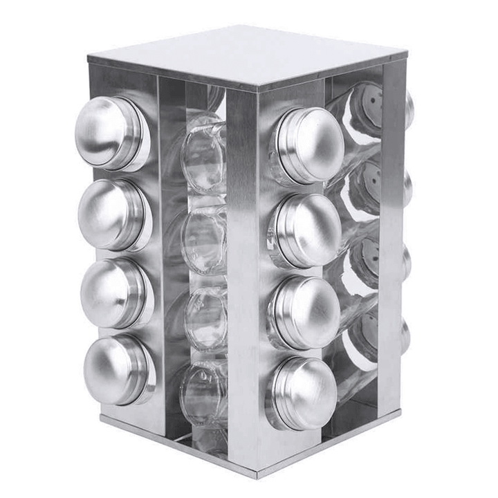 360° Stainless Steel Rotating Spice Rack Container with 16 Glass Jar Counter Kitchen Organizer Kitchen Storage - MRSLM