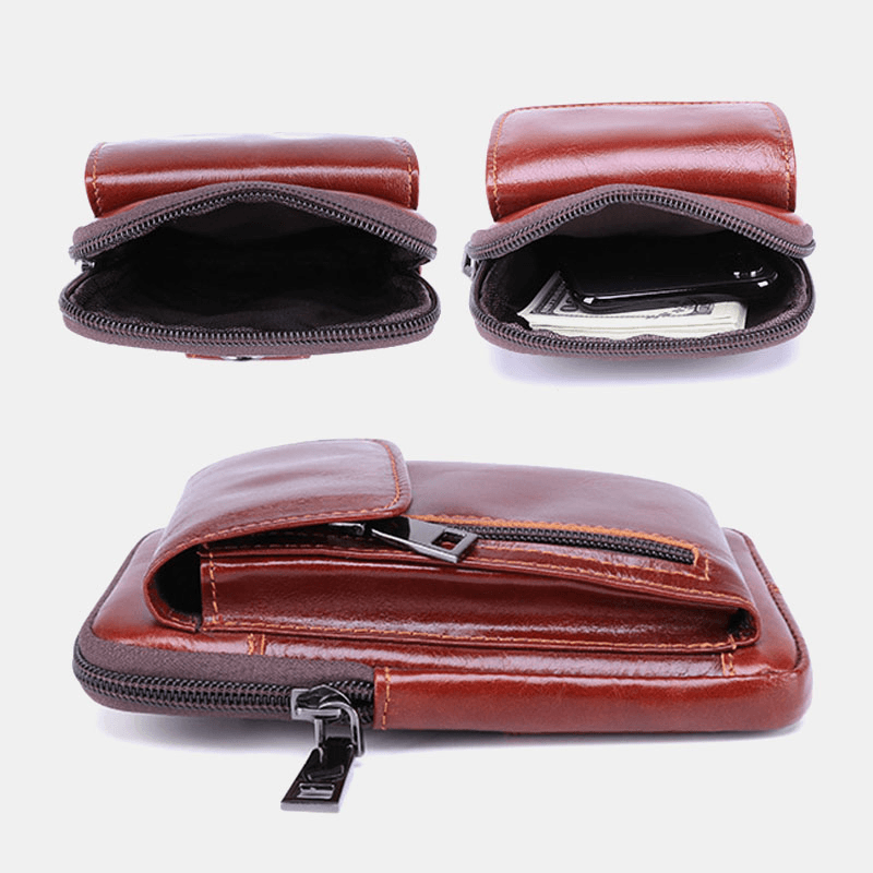 Men Flap-Over Front Zipper Pocket Belt Bag Sport Casual 6.3 Inch Phone Bag Genuine Leather Waist Bag - MRSLM