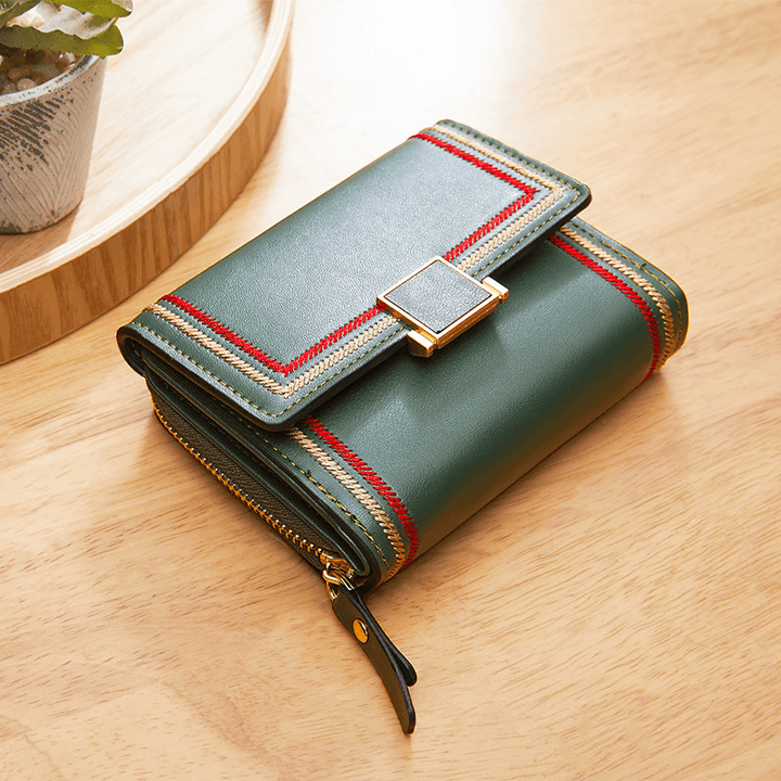 Women PU Leather Embroidery Multi-Card Slot Organ Card Case Short Trifold Money Clip Zipper Coin Purse Wallet - MRSLM