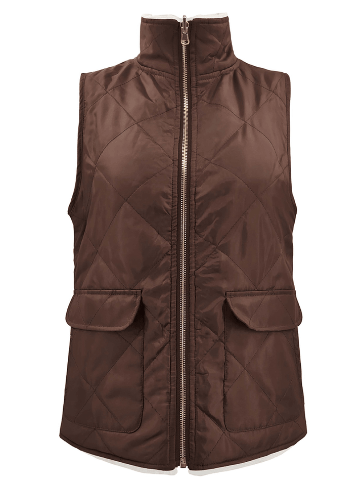 Women Solid Turn-Down Collar Thick Vest Jacket - MRSLM