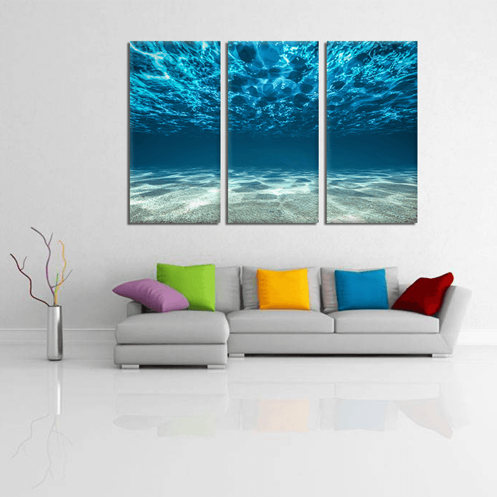 Miico Hand Painted Three Combination Decorative Paintings Light Blue Seawater Wall Art for Home Decoration - MRSLM