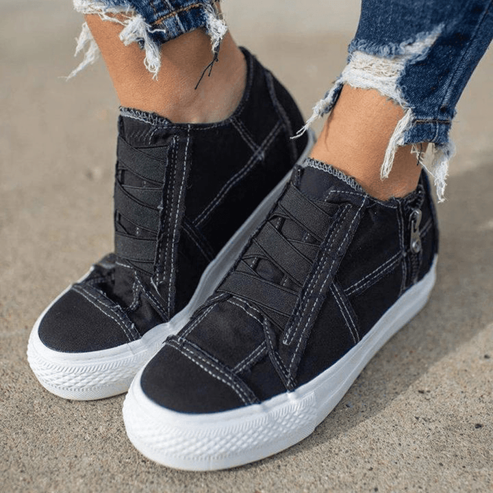 Women plus Size Elastic Band Zipper Canvas Casual Loafers - MRSLM