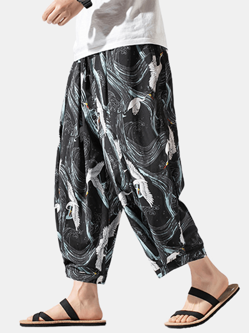 Mens National Style Crane Print Draped Loose Fit Elastic Waist Harem Pants - MRSLM