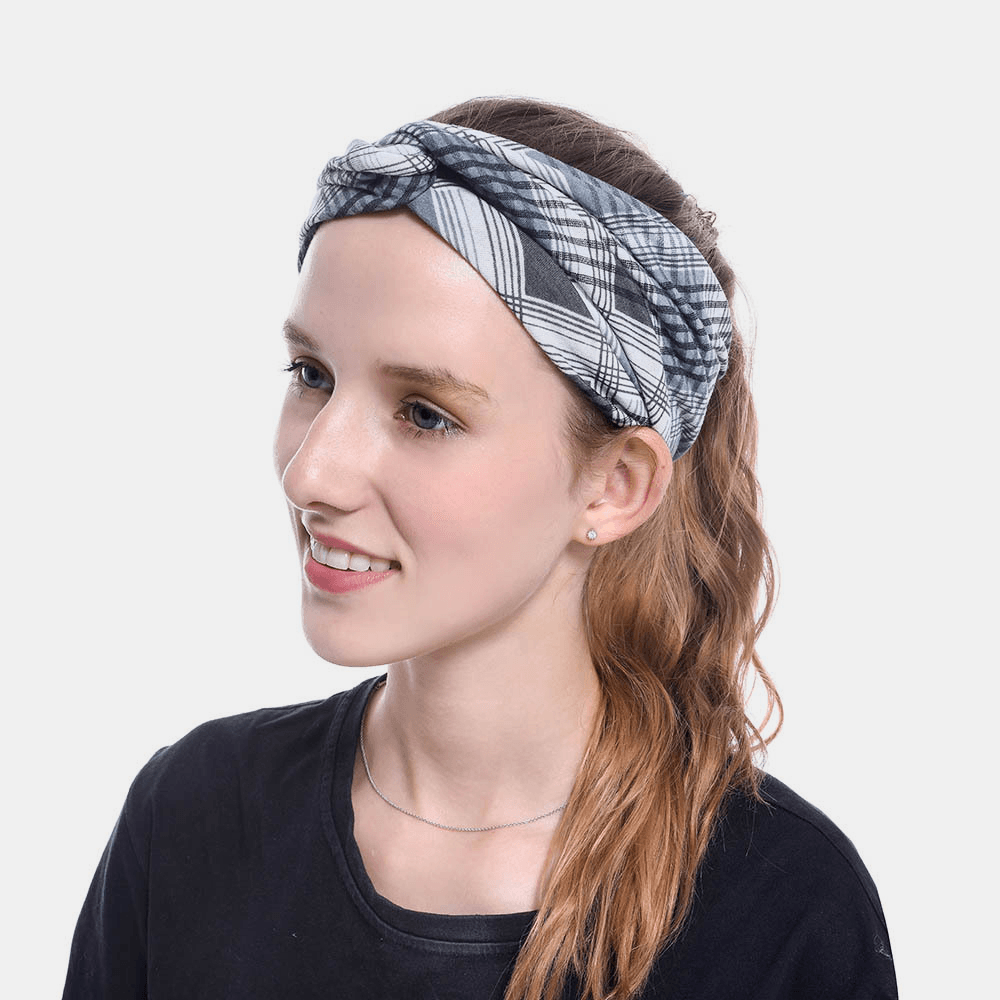 Women Lattice Leaf Printing Outdoor Sport Headdress Elastic Cross Tie Hair Band Headband - MRSLM