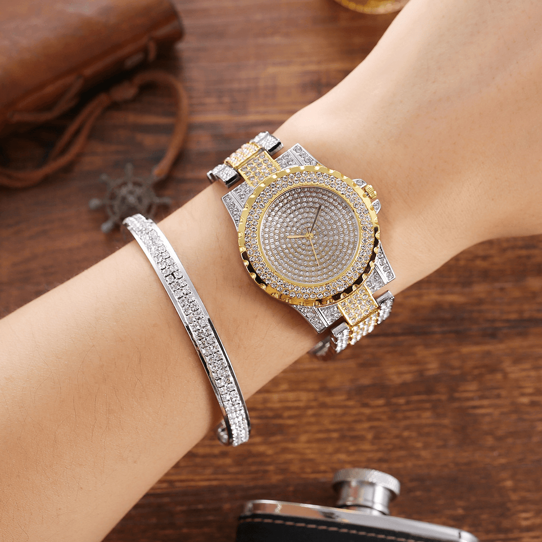 2Pcs Fashion Luxury Full Diamond Steel Band Quartz Watch Punk Rhinestone Bracelet Set - MRSLM