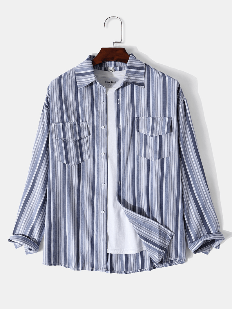 Mens Artsy Striped Turn-Down Collar Preppy Shirt - MRSLM