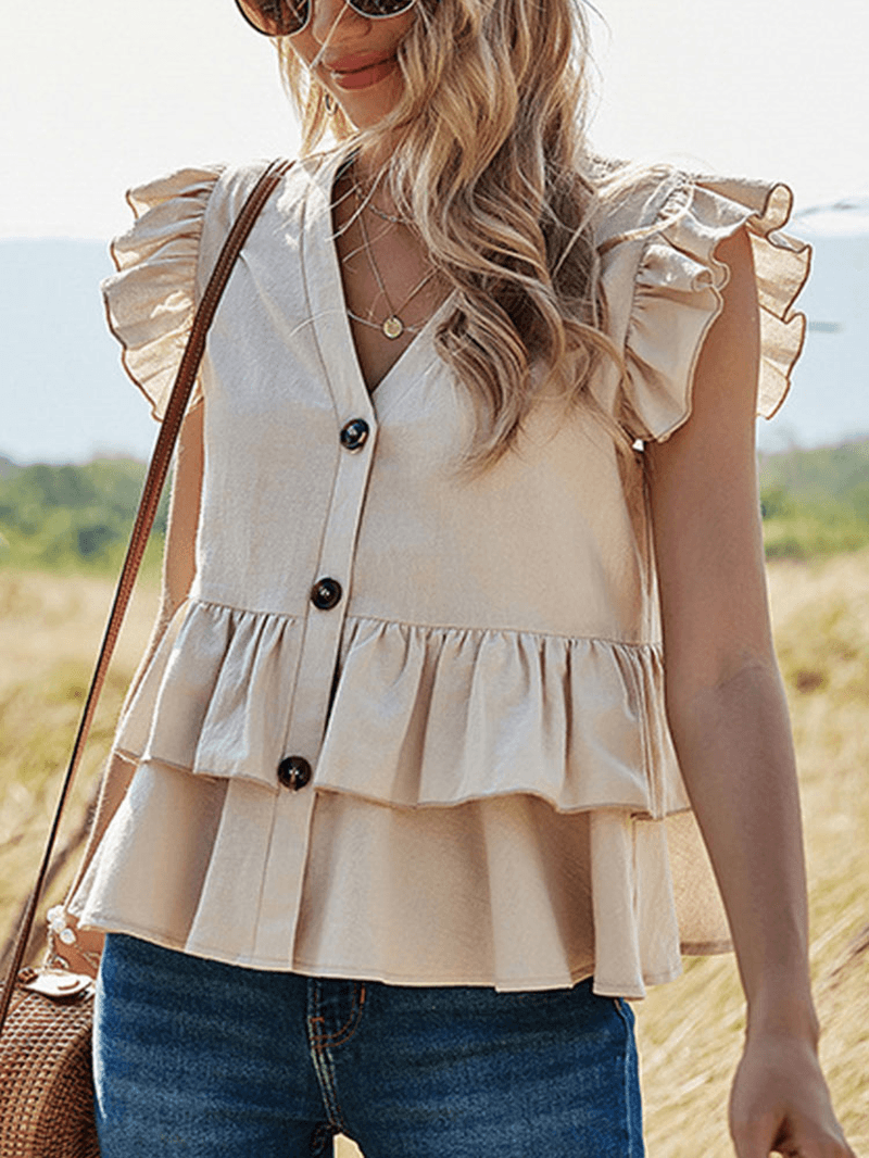 Solid Color Button Ruffle Sleeveless V-Neck Patchwork Blouse for Women - MRSLM