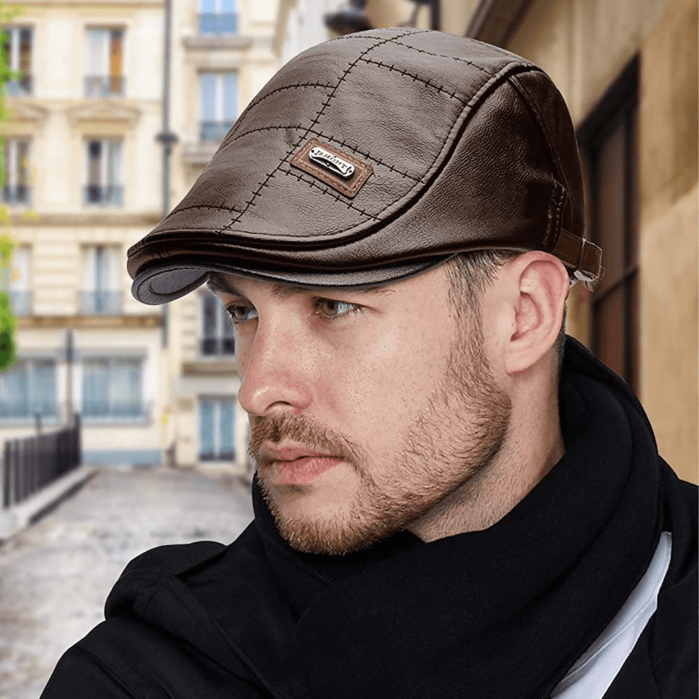 Collrown Men Faux Leather Autumn Winter Solid Keep Warm plus Velvet Fashion Leather Adjustable Beret Hat - MRSLM