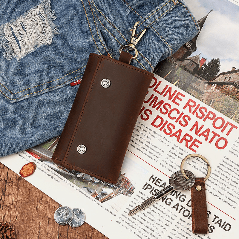 Men Genuine Leather Retro Easy Carry Brief Car Key Case Keychain Wallet Coin Purse - MRSLM