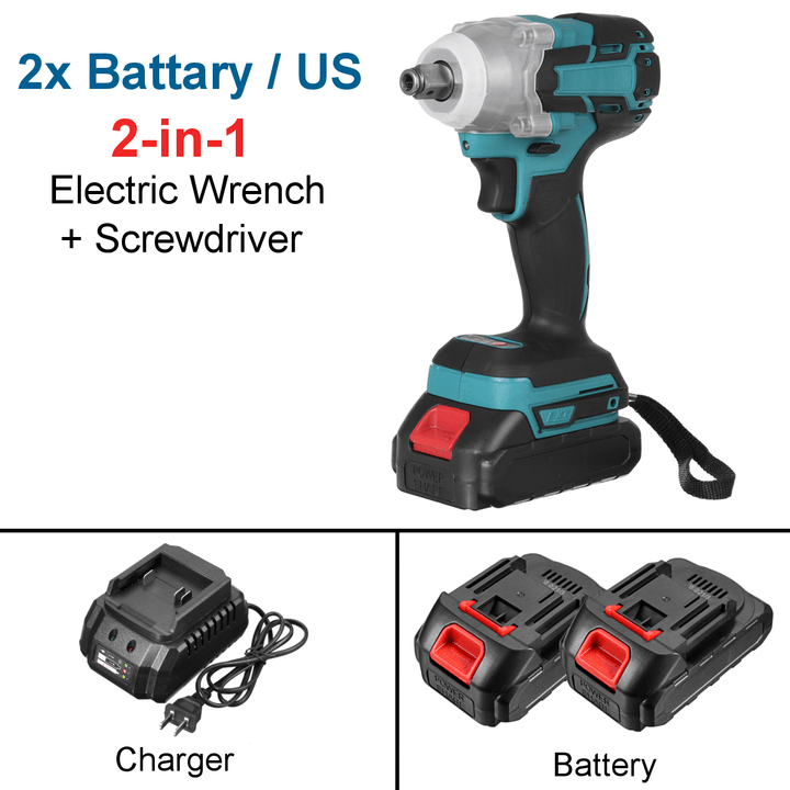 2 in 1 188VF 588N.M. Li-Ion Brushless Cordless Electric 1/2" Wrench 1/4"Screwdriver Drill W/ 1/2 Battery & 4 Sleeves - MRSLM