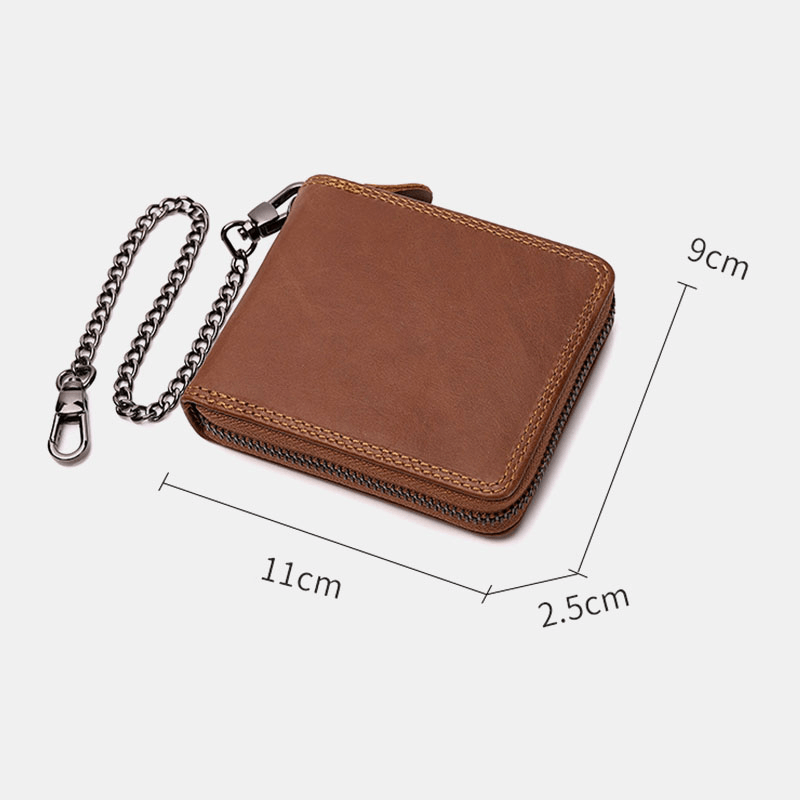 Men Genuine Leather Chain RFID Blocking Anti-Theft Zipper Multi-Slot Card Holder Wallet - MRSLM