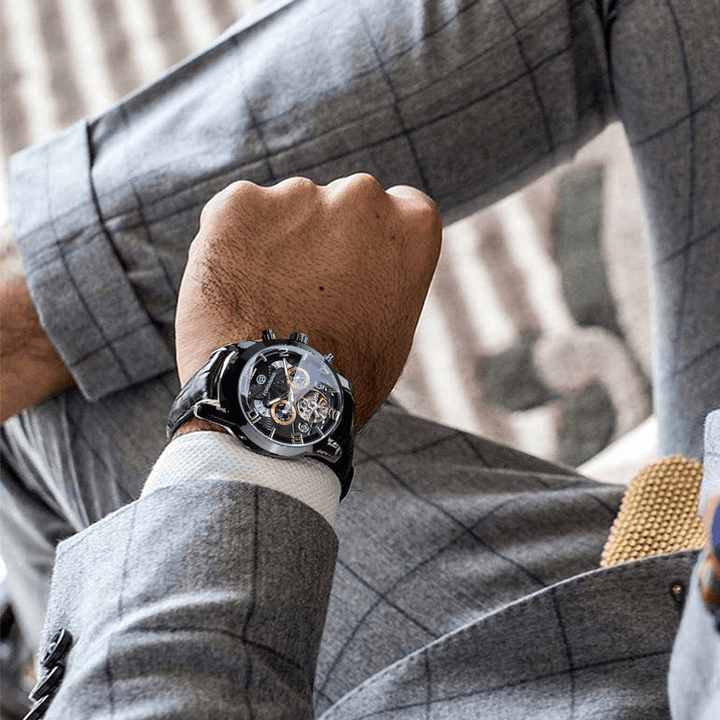Forsining GMT373 Fashion Men Automatic Watch Week Year Genuine Leather Strap Display Mechanical Watch - MRSLM