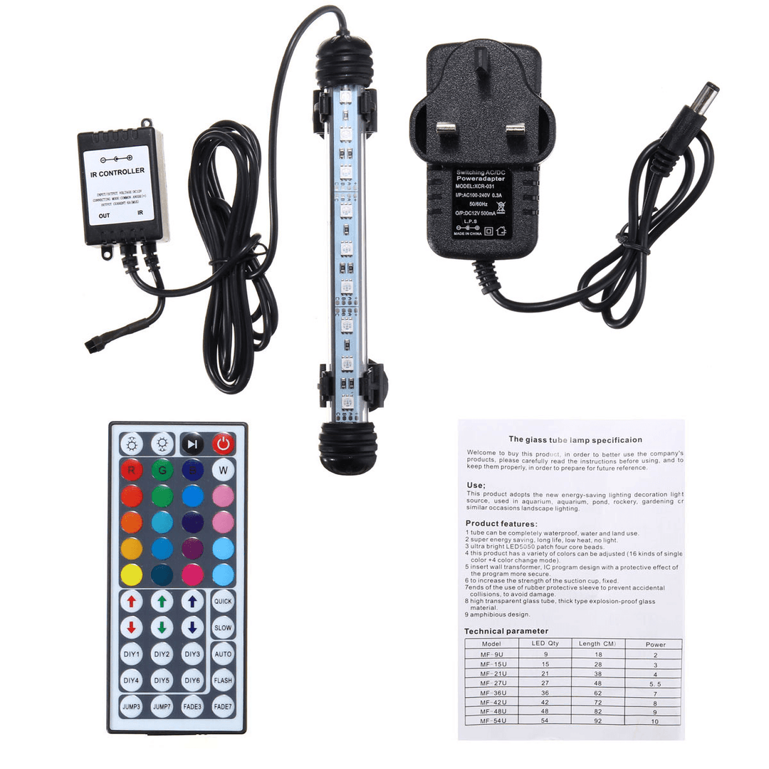 AC110-240V 18CM 5050 2.9W RGB LED Aquarium Fish Tank Light Color Changing Bar Submersible Lamp + 44Keys Remote Control - MRSLM