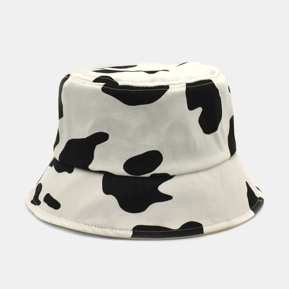 Women Cow Pattern Printing Bucket Hat Cotton Color Contrast All-Match Sunscreen Sunshade Hat - MRSLM