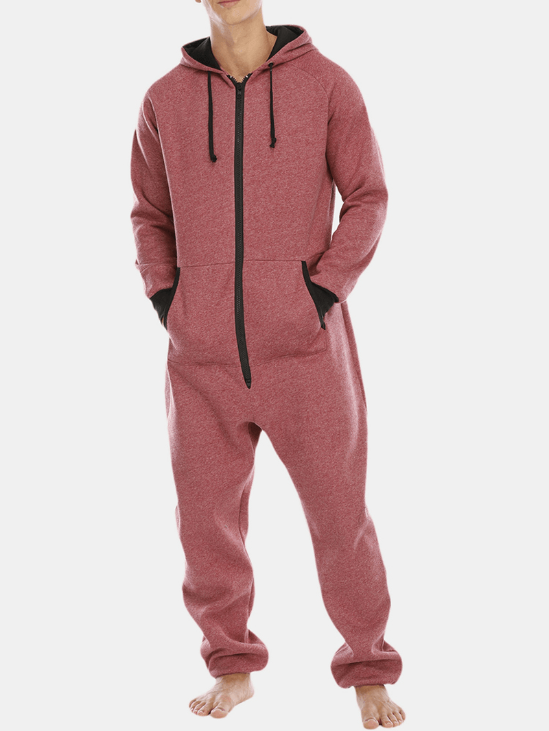 Mens Cotton Solid Hooded Pocket Long Sleeve Home Jumpsuit Zipper Sleepwear - MRSLM