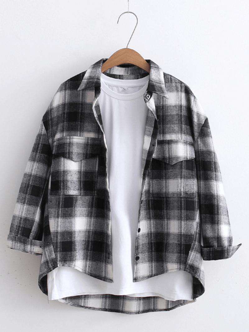 Loose Plaid Long Sleeve Turn-Down Collar Blouse - MRSLM