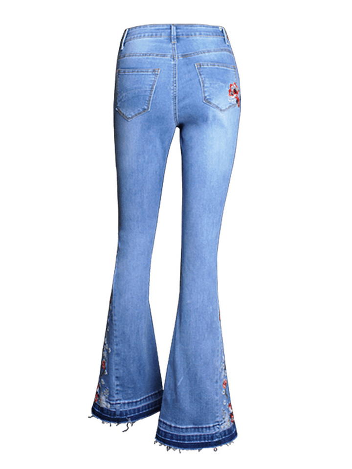 Floral Embroidered High Waist Denim Flared Pants - MRSLM