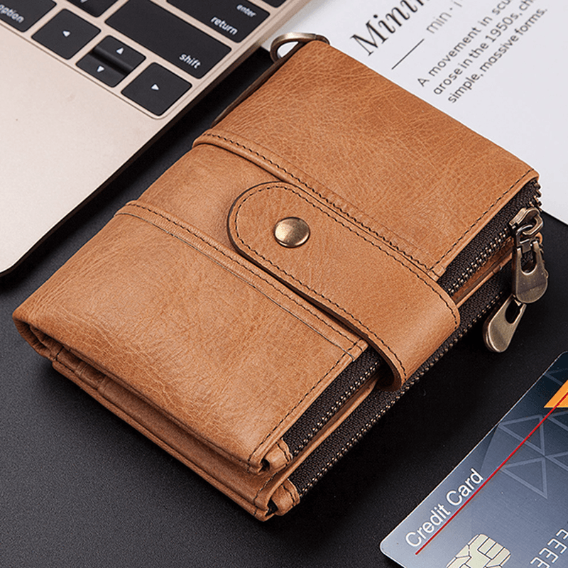 GZCZ Men RFID Genuine Leather Double Zipper Wallet - MRSLM