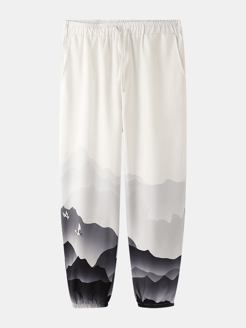 Mens Casual Landscape Print Drawstring Loose Pants - MRSLM