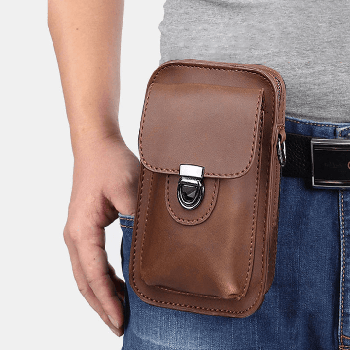 Men Faux Leather Mini Casual Multi-Carry Waist Hanging 6.3 Inch Phone Bag Shoulder Crossbody Bag with Belt Loop - MRSLM