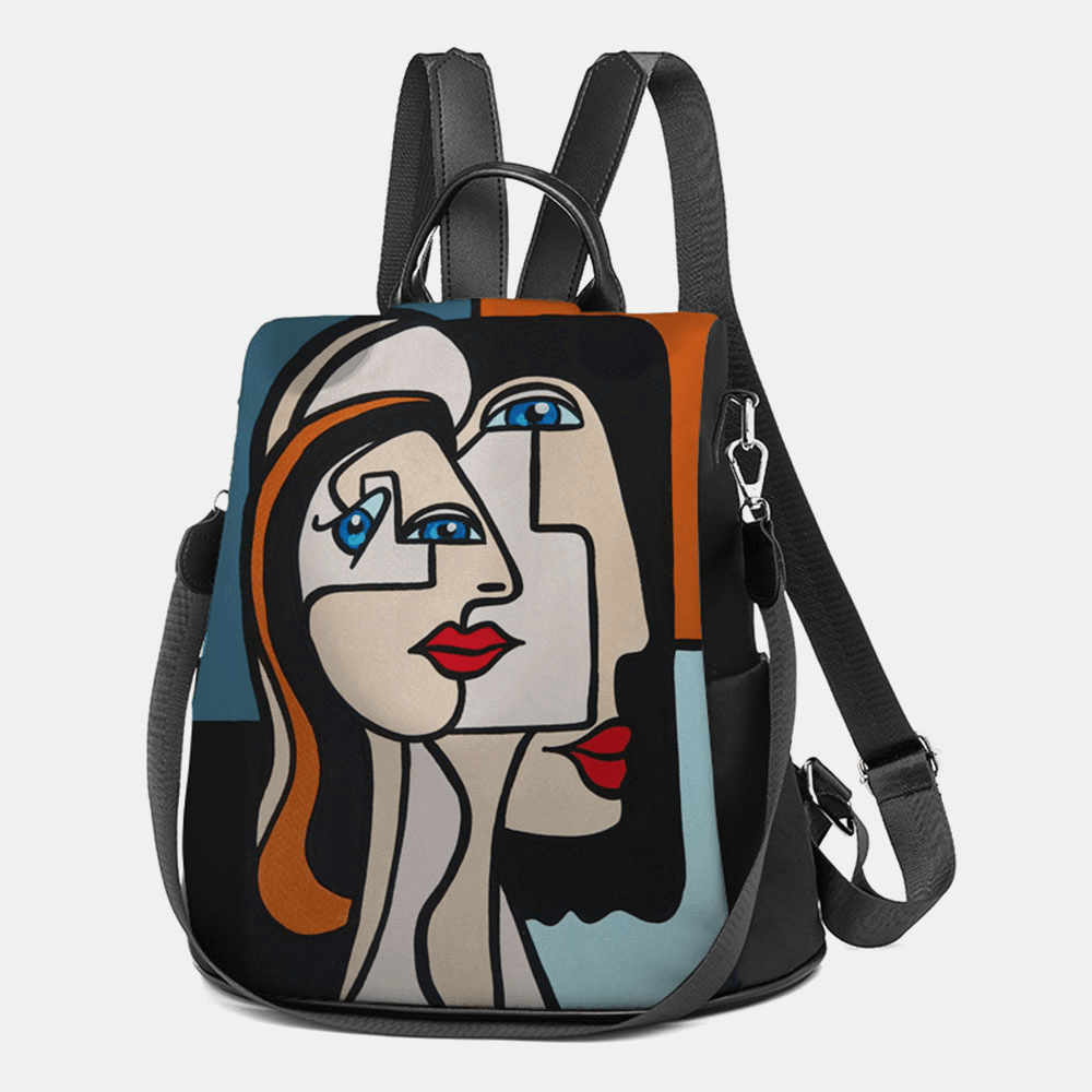 Women Nylon Cartoon Abstract Stick Figure Pattern Large Capacity Shoulder Bags Backpack - MRSLM