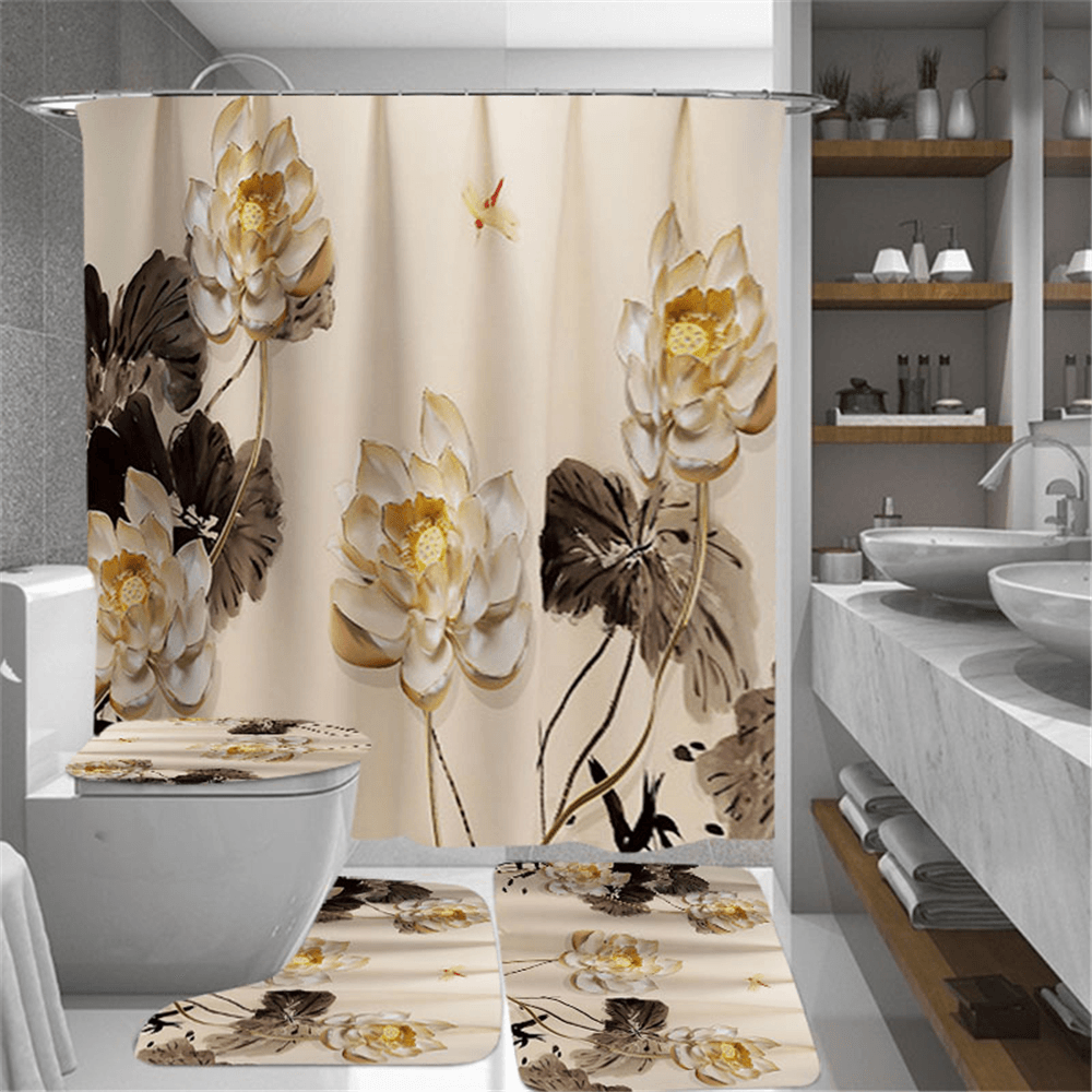 Printing Plum Blossom Shower Curtain Set Waterproof Odorless Anti-Slip Bath Mat Set - MRSLM