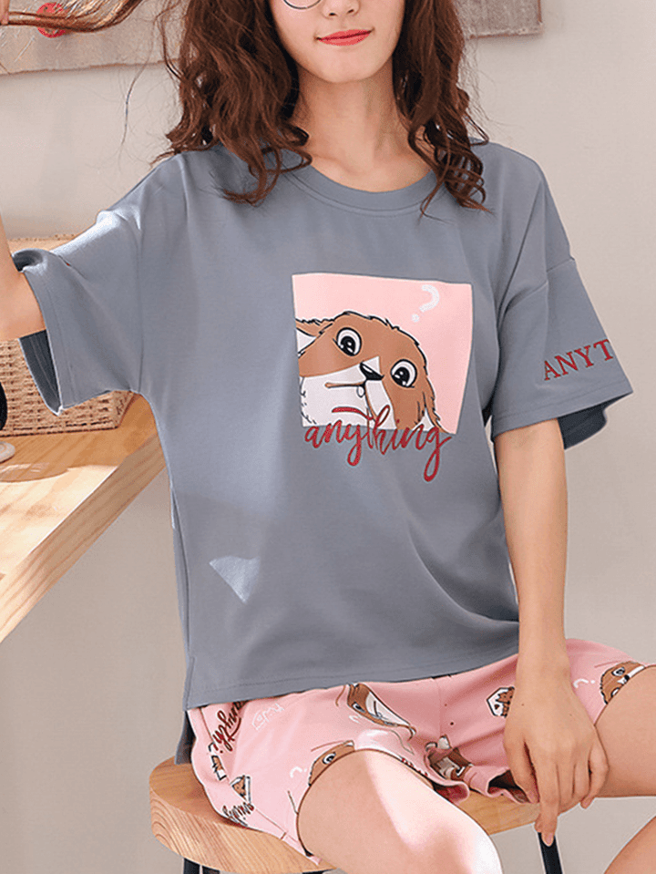 Cute Cartoon Print Short Sleeve Loose Two Piece Pajama Set for Women - MRSLM