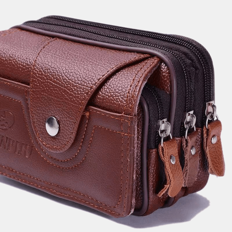 Men PU Leather Three-Layers Multifunction Waterproof Vintage Business 5.8 Inch Phone Bag Waist Bag - MRSLM