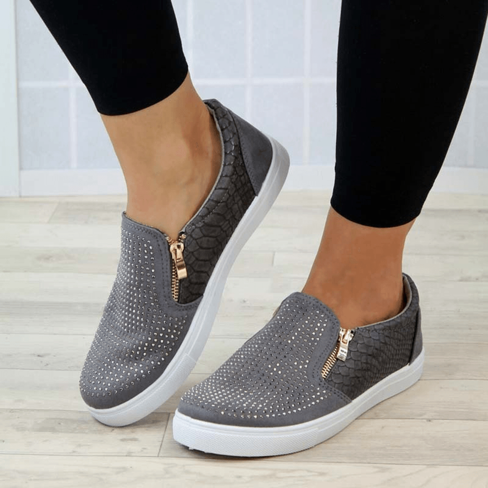 Women Doble Size Zipper Rhinestone Decor Comfy Non Slip Casual Flats - MRSLM