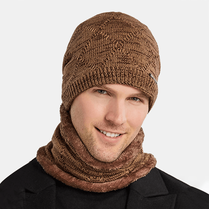 2 PCS Men Autumn Winter Warm Knitted Baotou Cap Scarf Plaid Pattern Outdoor Biking Ear Protection Windproof Beanie Skull Hat - MRSLM