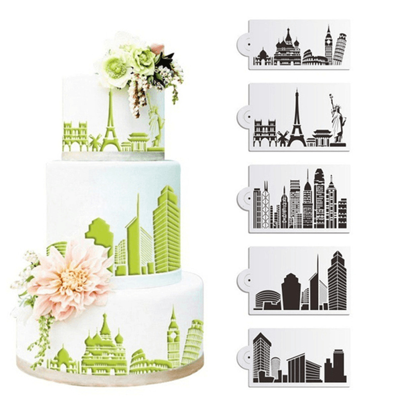 5Pcs/Set Plastic Civic Architecture Stencils Fondant Cake Mold Cookie Baking Mould Decorating Tool - MRSLM