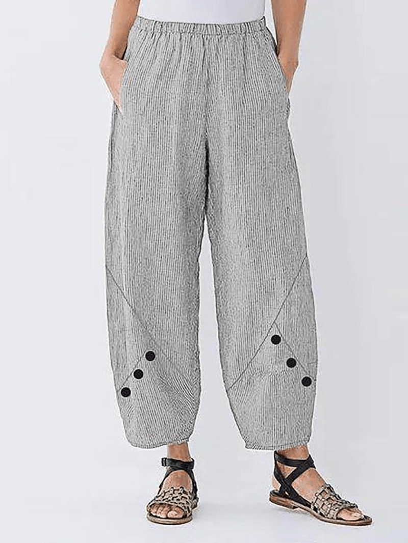 Striped Elastic Waist Side Pocket Harem Button Casual Pants - MRSLM