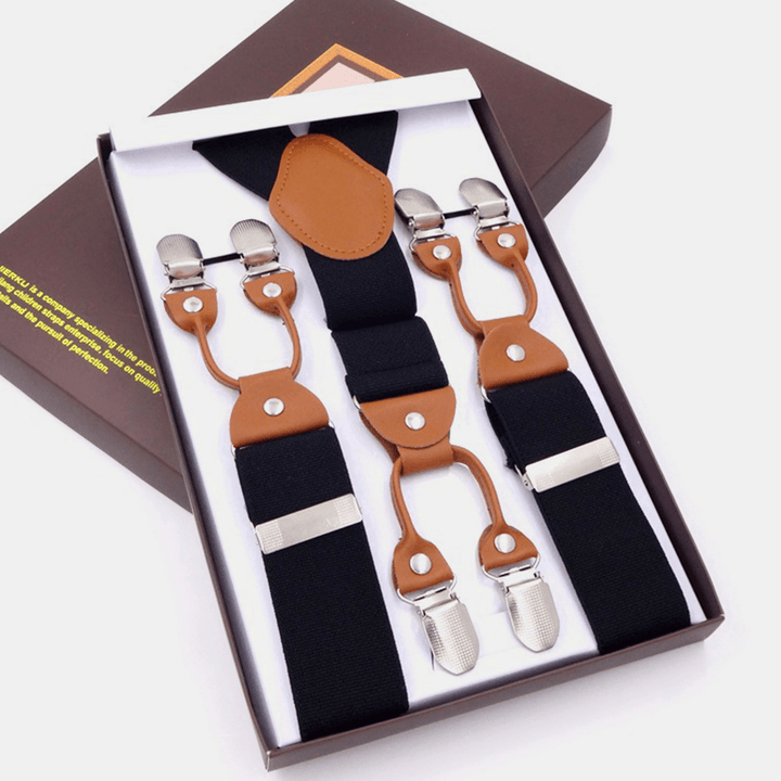 Men Rhombus Pattern 115Cm Hook Buckle Braces Suspenders High Elastic Adjustable 6 Clip Belt Strap - MRSLM