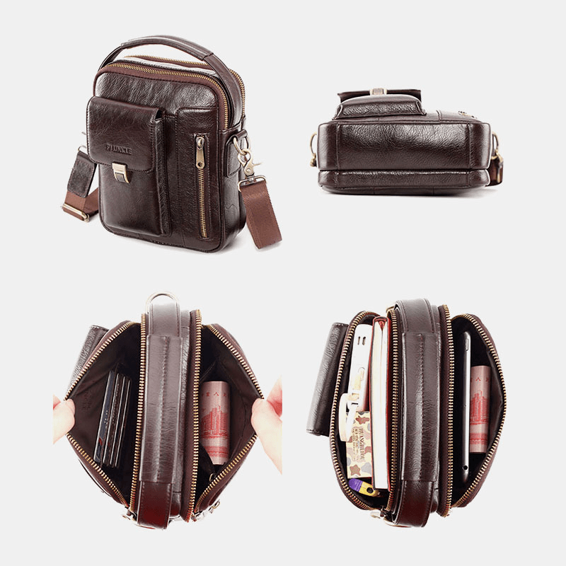 Men Genuine Leather Cowhide Multi-Function Large Capacity Crossbody Bag Shoulder Bag - MRSLM