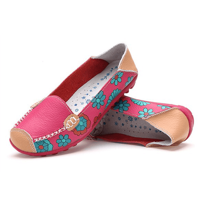 Big Size Women Flower Floral Leather Loafers Moccasins Flats Soft Ballet Shoes round Toe Flats - MRSLM