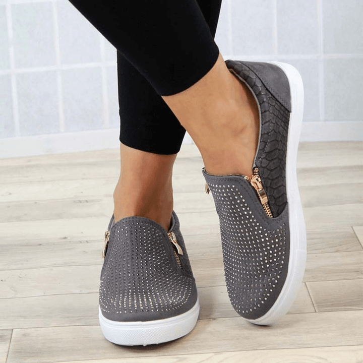 Women Doble Size Zipper Rhinestone Decor Comfy Non Slip Casual Flats - MRSLM