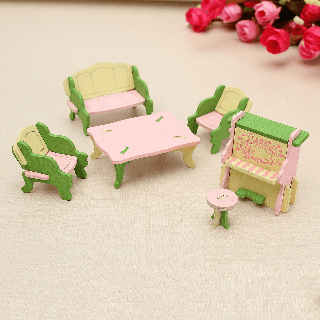 Wooden Furniture Set Doll House Miniature Room Accessories Kids Pretend Play Toy Gift Decor - MRSLM