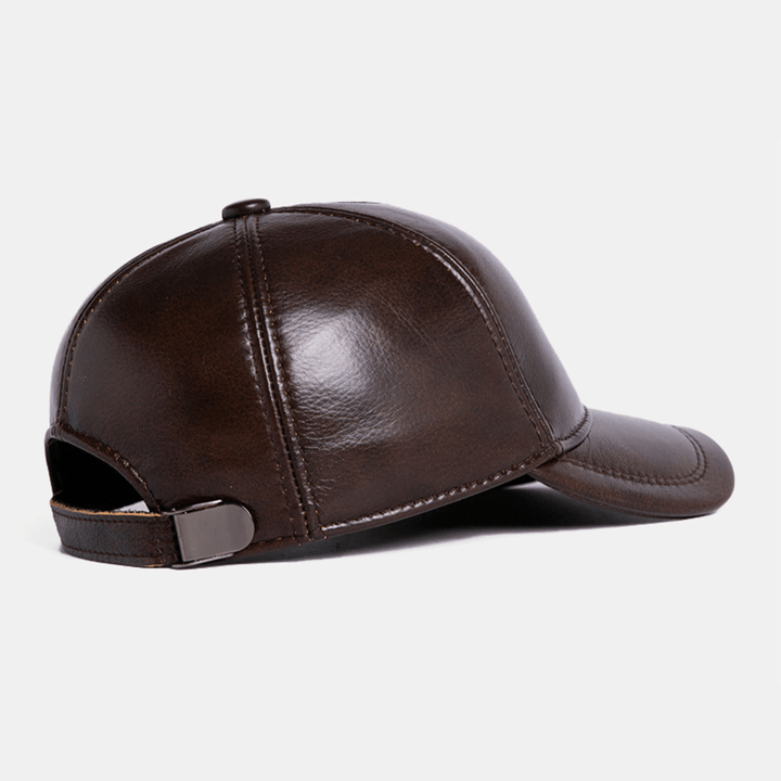 Men Genuine Cowhide Leather Adjustable Baseball Cap Outdoor Protect Ear Winter Warm for Elderly Father - MRSLM