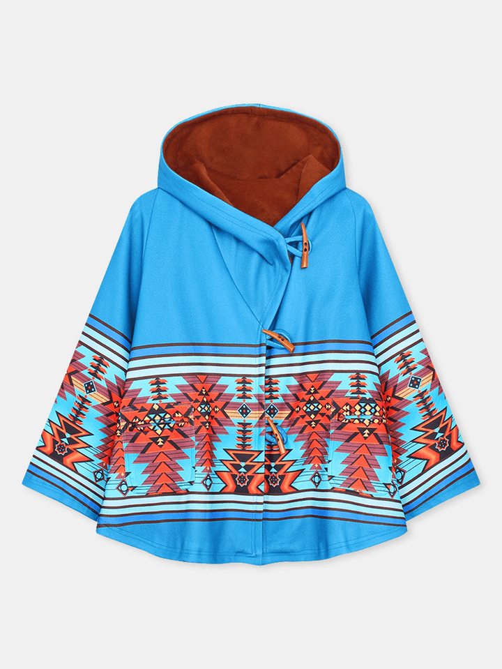 Women Ethnic Pattern Print Button Woolen Hooded Long Sleeve Casual Coat - MRSLM