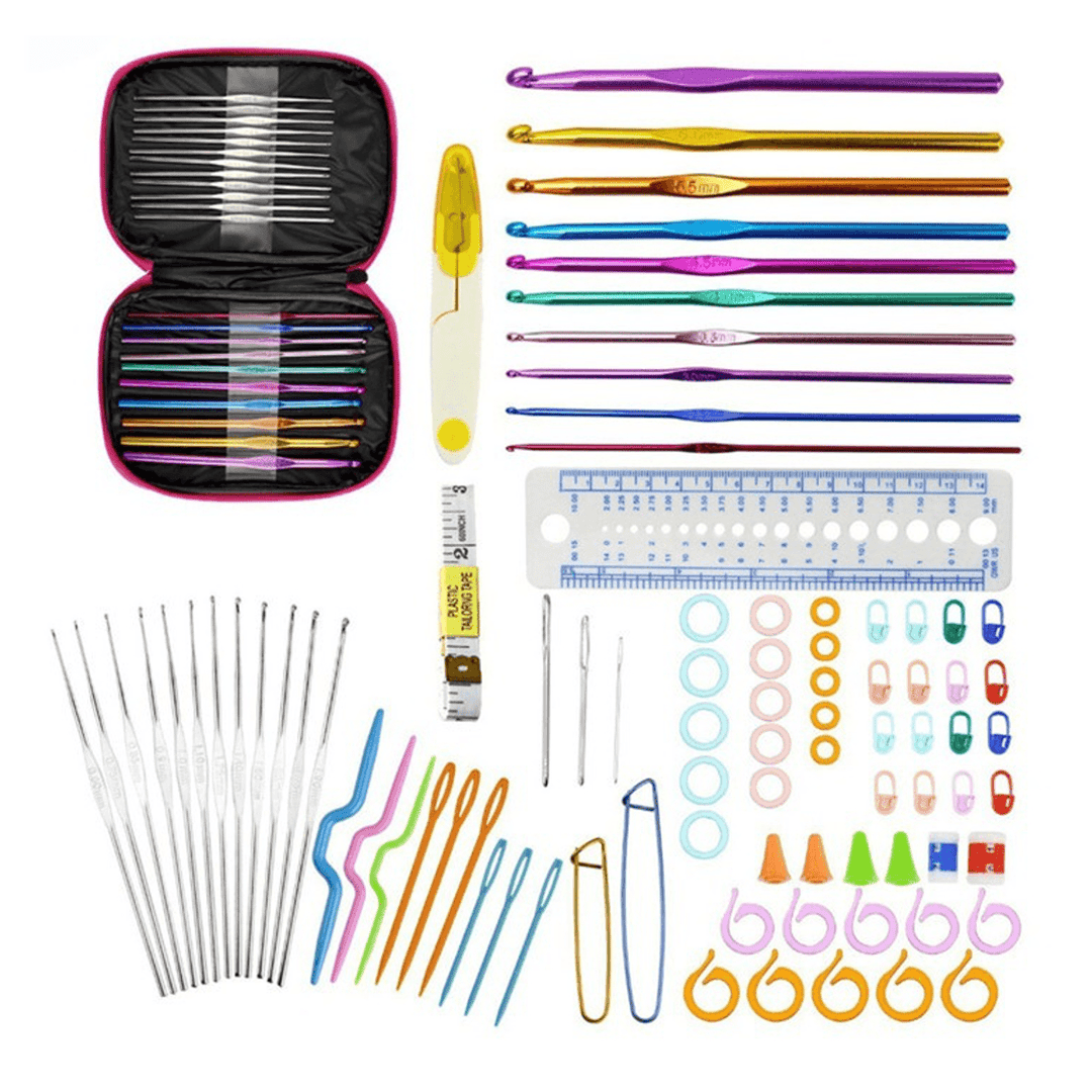 90Pcs Crochet Hook Kit Yarn Knitting Needles Sewing Tool Ergonomic Grip Bag Set - MRSLM