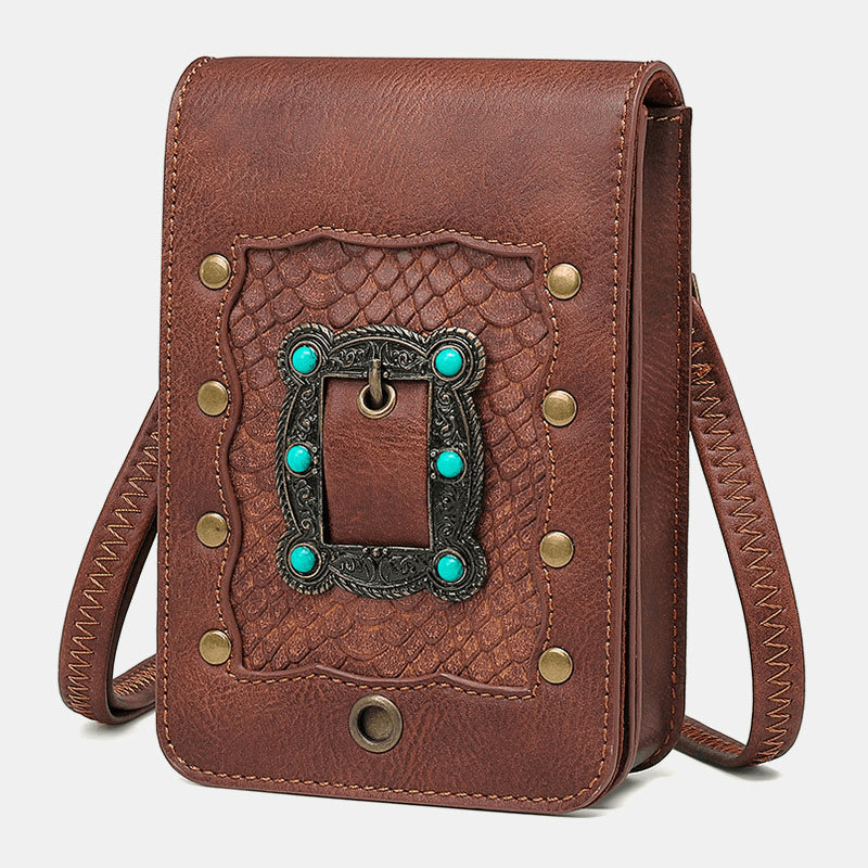 Women Detachable Shoulder Strap Hardware Rivet Decor Snake Pattern Flap Magnetic Clasp Design Crossbody Bag Waist Bag - MRSLM