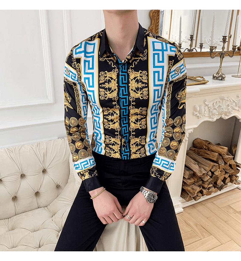 Spring and Autumn Men'S Long Sleeve Shirt Korean Slim Shirt Men'S Social Youth Flower Shirt Men - MRSLM