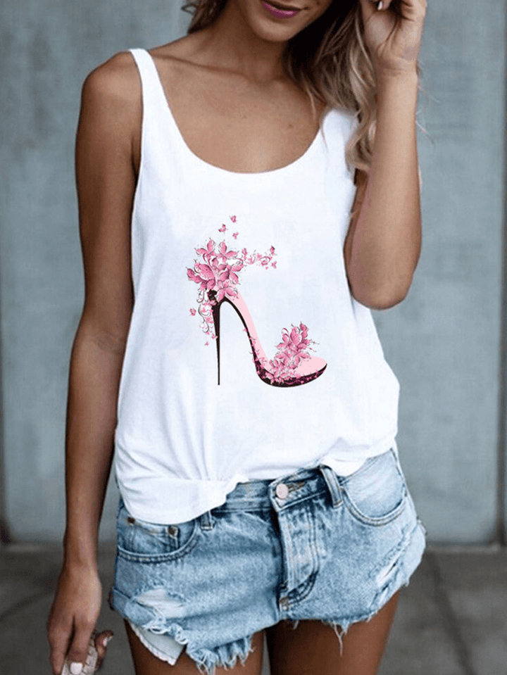 High Heels Flower Print Sleeveless Loose Casual Tank Tops for Women - MRSLM