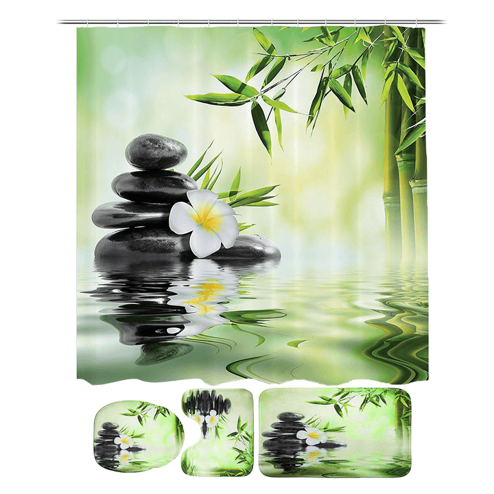 Bamboo Printing Waterproof Bathroom Shower Curtain Toilet Cover Mat Non-Slip Carpet - MRSLM