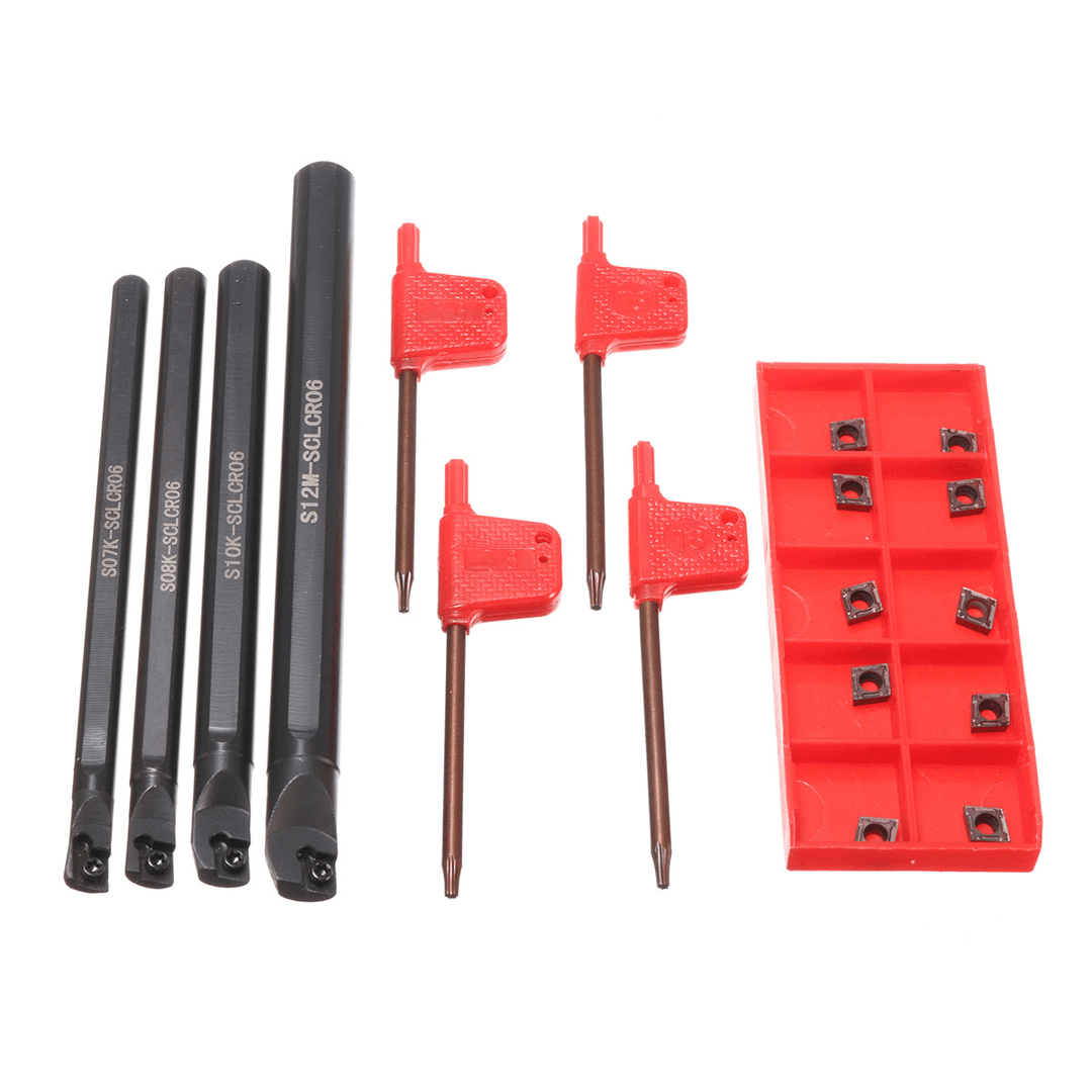 4Pcs 7/8/10/12Mm SCLCR06 Lathe Boring Bar Turning Tool with 10Pcs CCMT0602 Inserts - MRSLM