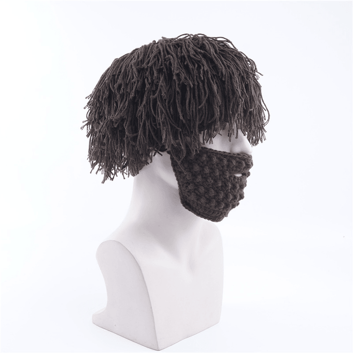 Foreign Trade Creative Straw Hat Men'S Knitted Hat Autumn and Winter Hand Hook Removable Woolen Beard Funny Wig Hat - MRSLM