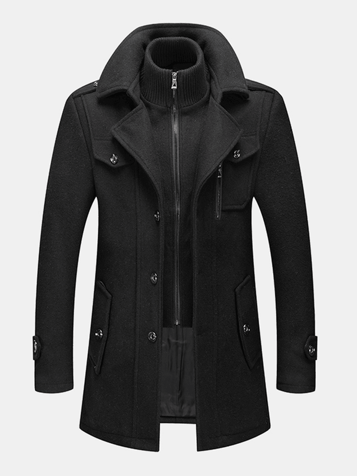 Mens Woolen Double Collar Thick Single-Breasted Casual Warm Overcoat - MRSLM