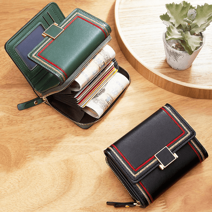 Women PU Leather Embroidery Multi-Card Slot Organ Card Case Short Trifold Money Clip Zipper Coin Purse Wallet - MRSLM